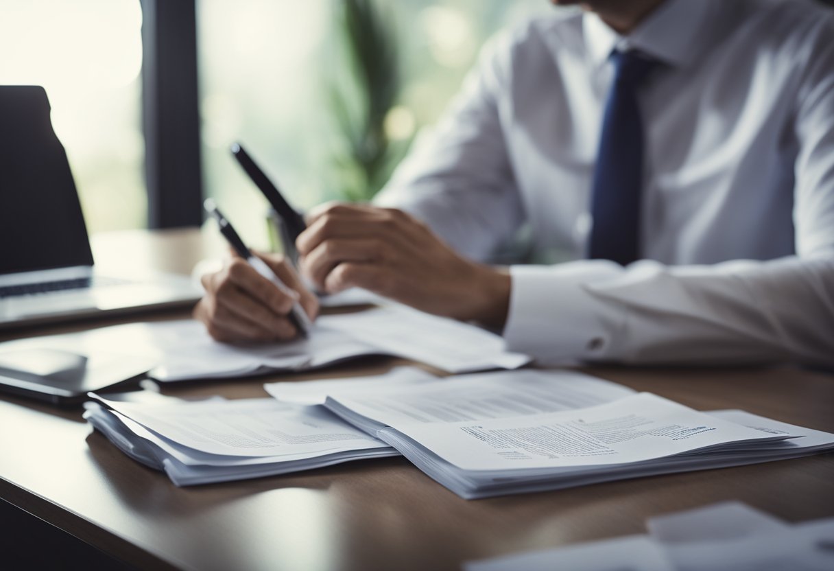 A person sits at a desk surrounded by various life insurance policy documents. They are comparing and analyzing the different options, trying to choose the right policy for their needs