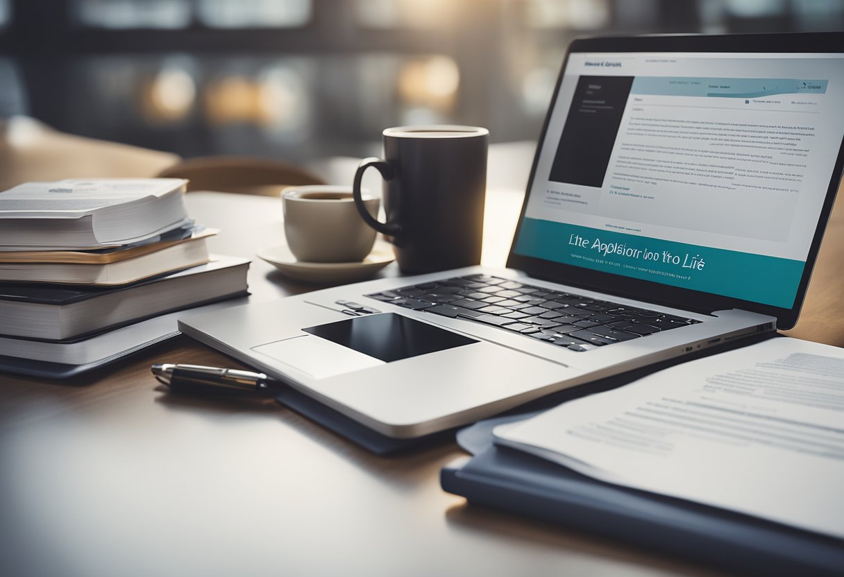 A desk with a laptop, paperwork, and a pen. A book titled "The Application Process: The Ultimate Guide to Navigating Life Insurance Policies" sits open, with highlighted sections