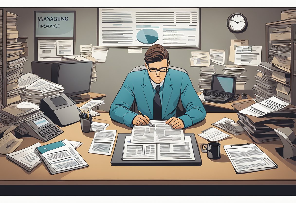 A person sits at a desk, surrounded by paperwork and a computer, as they carefully review and manage their life insurance policy. A large, comprehensive guidebook titled "Managing Your Policy: The Ultimate Guide to Navigating Life Insurance Policies" is open