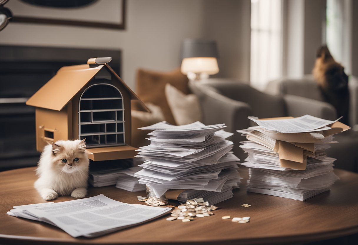 A family home with a mailbox overflowing with bills, a stack of insurance policy documents, and a worried pet looking on