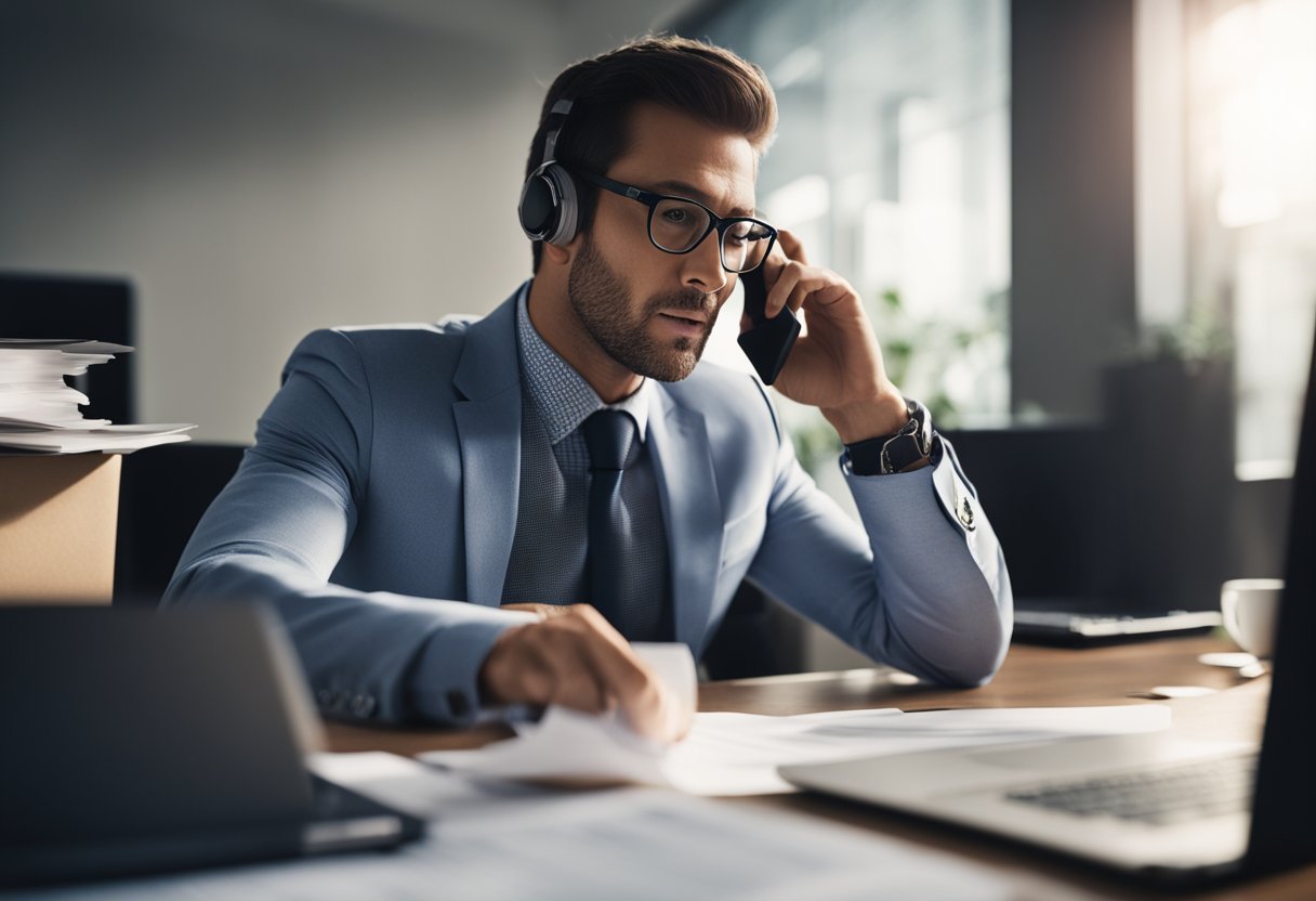 A desk with a laptop, paperwork, and a stack of life insurance policy documents. A person on the phone with a concerned expression