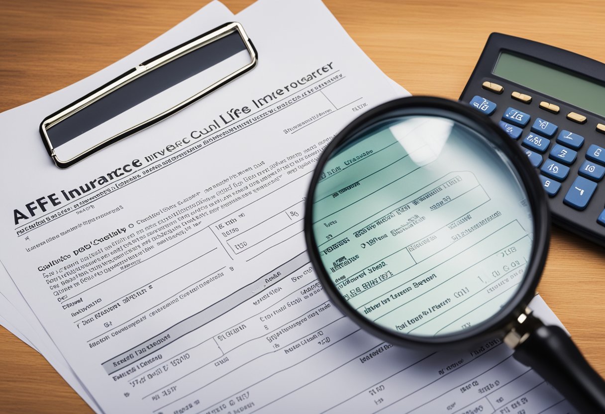 A pile of life insurance policy documents with a magnifying glass and a calculator on a desk, surrounded by a variety of cancellation and conversion options