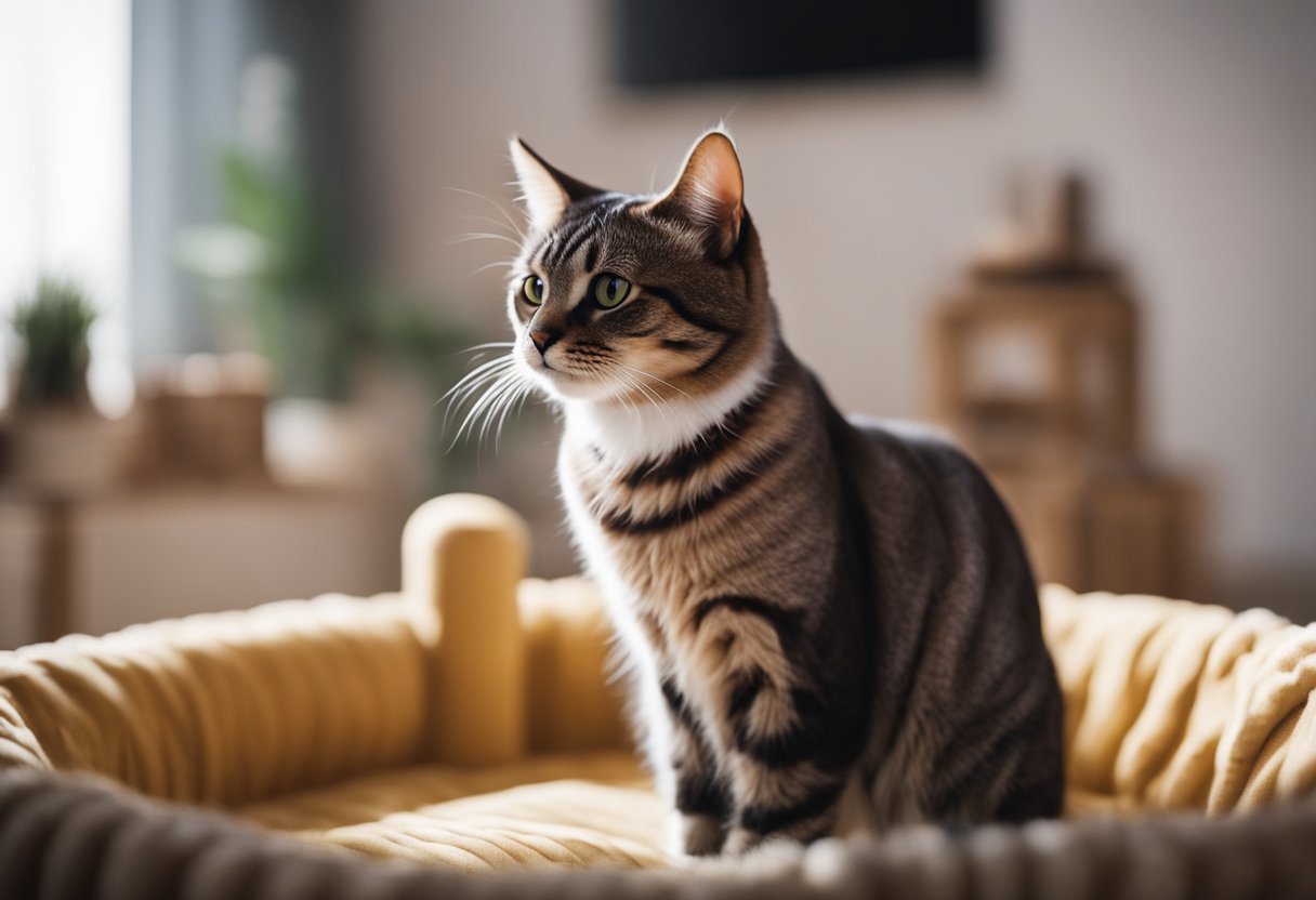 A cat peacefully follows a daily routine, with a cozy bed, toys, and a scratching post. The environment is calm and clutter-free, with natural light and soothing colors