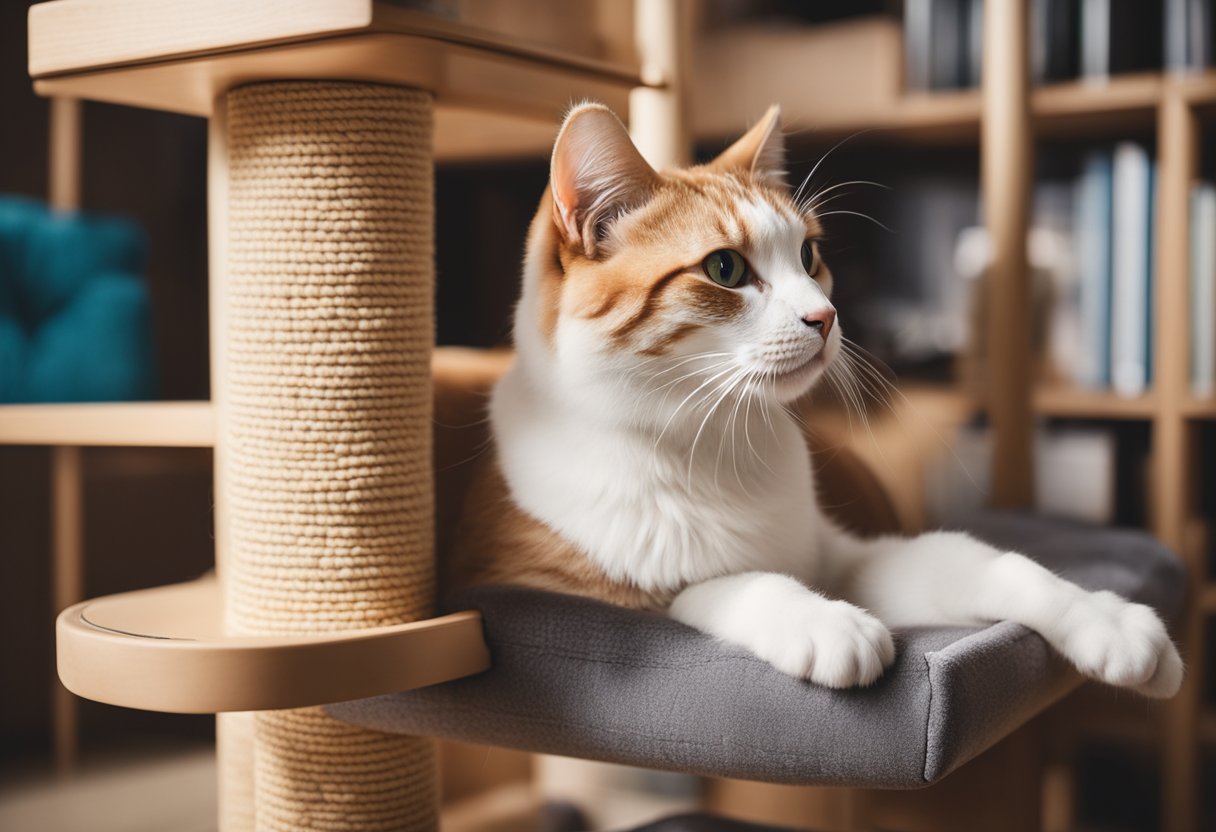 A cozy cat tree with hiding spots, shelves, and dangling toys. A sunny window with a soft cushion for lounging. A variety of scratching posts and interactive puzzle feeders scattered around the room