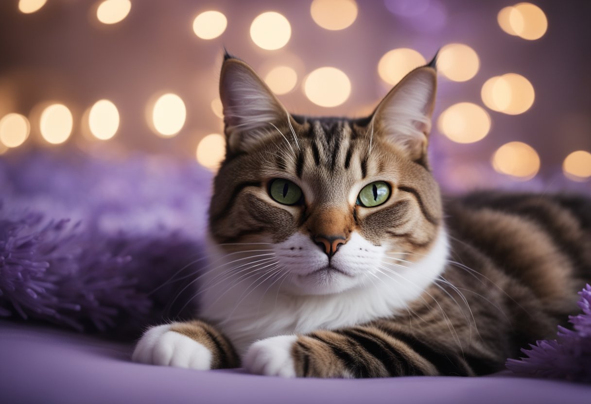 A serene cat lying on a soft cushion, surrounded by calming elements like gentle music, diffused lavender scent, and a soothing environment