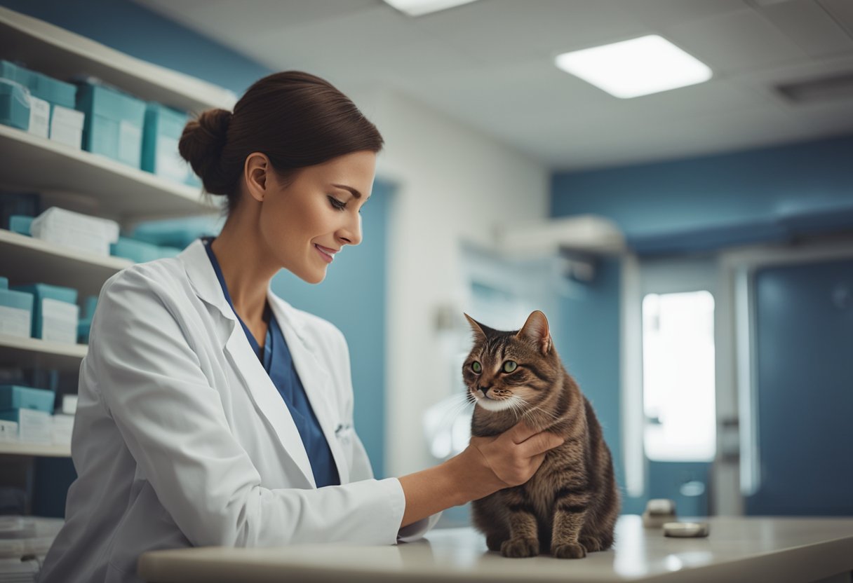 A veterinarian examines a calm cat in a peaceful, well-lit clinic room, surrounded by soothing colors and comforting textures