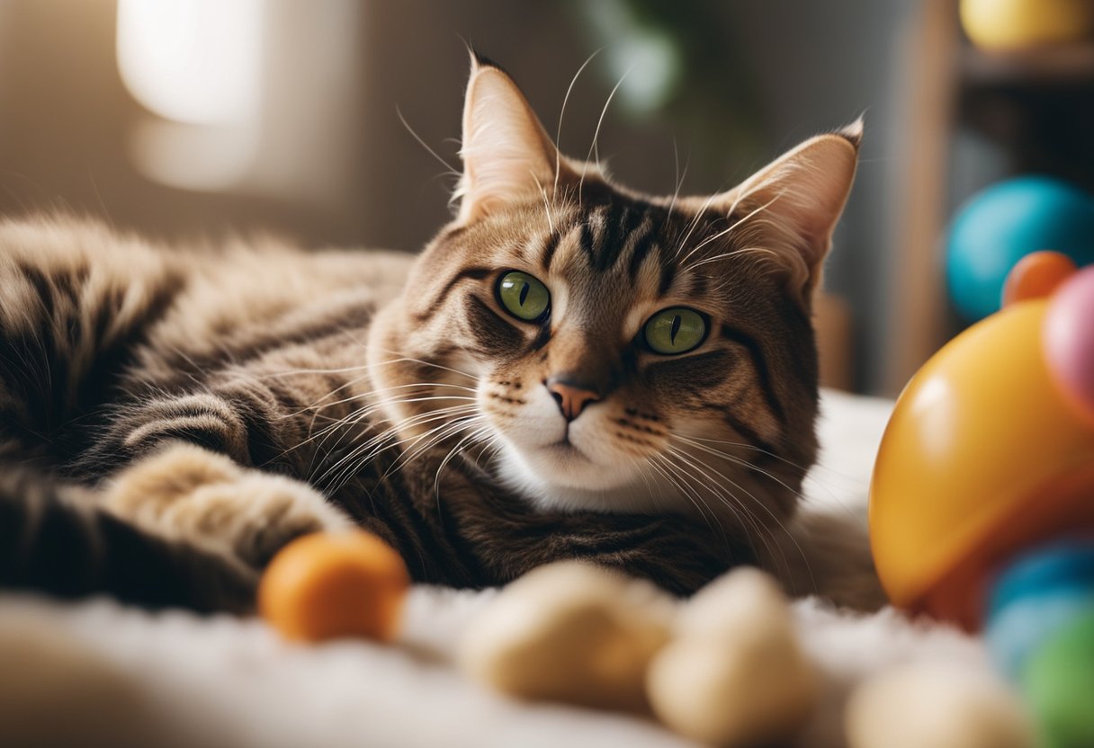 A contented cat lounges in a sunlit room, surrounded by toys and a variety of healthy food options. The atmosphere is calm and peaceful, with soft music playing in the background