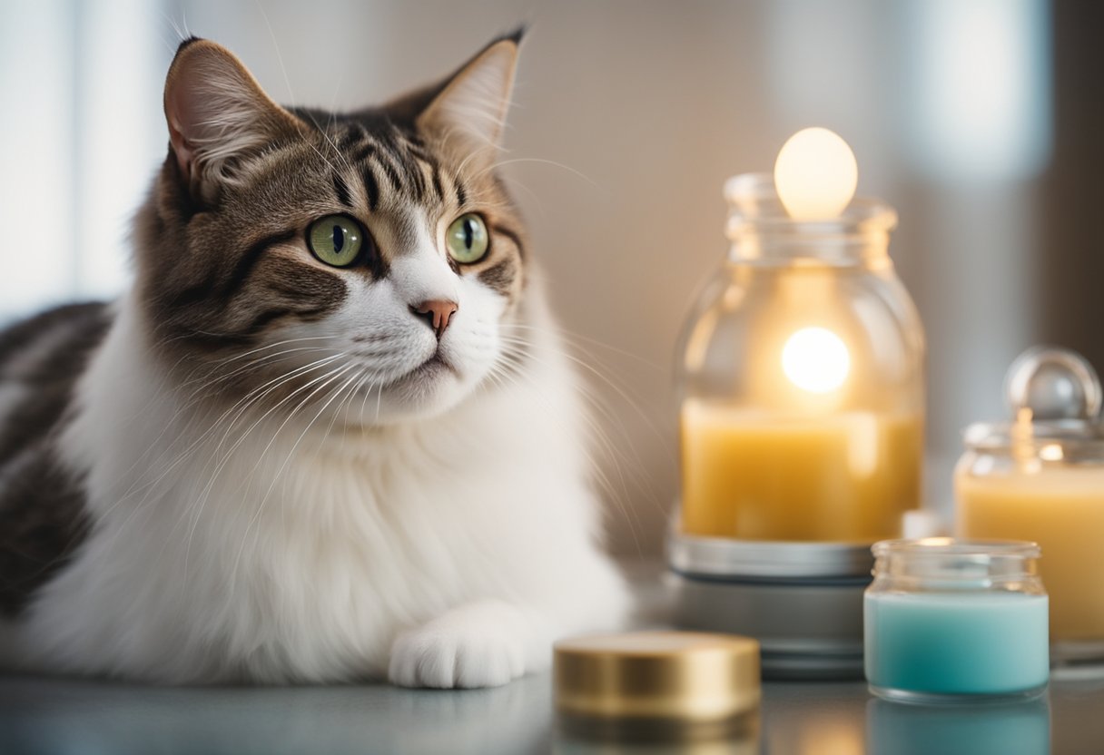 A cat surrounded by pheromones and calming products in a peaceful environment to reduce stress