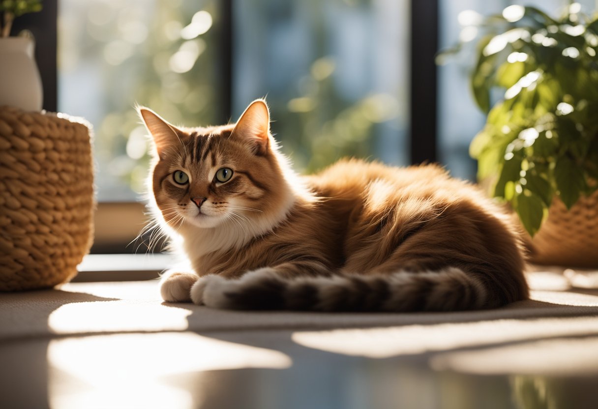 A cat lounges in a sunlit room with cozy hiding spots and interactive toys, surrounded by calming pheromone diffusers and soothing music