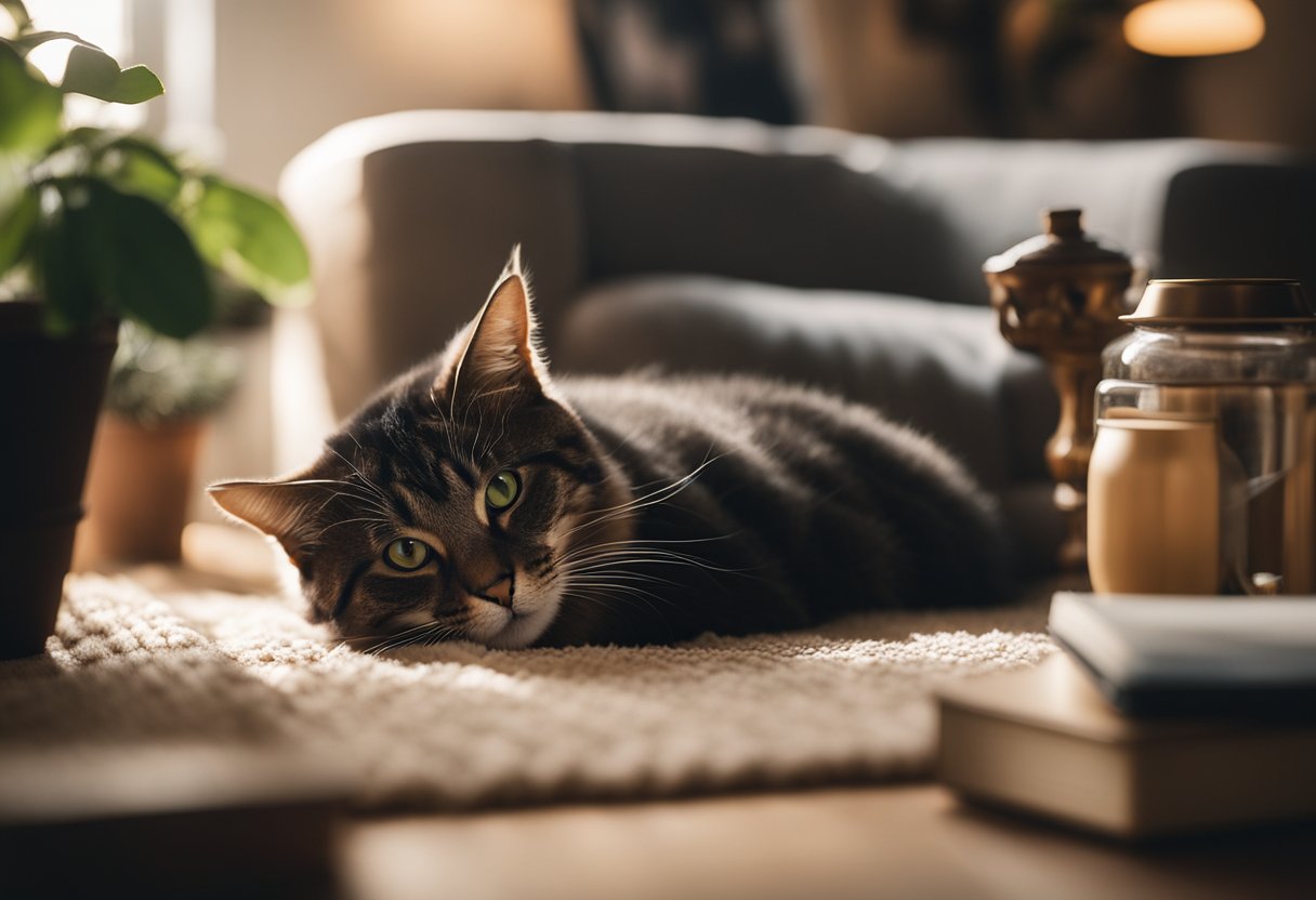 A cat lounges in a cozy, secluded corner, surrounded by familiar objects and soft lighting, creating a sense of personal space and reducing stress