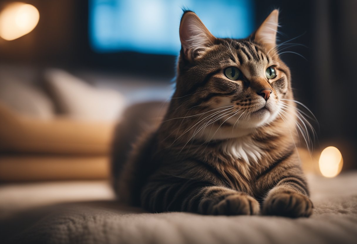 A calm cat resting in a cozy, clutter-free environment with soft lighting and soothing background music playing