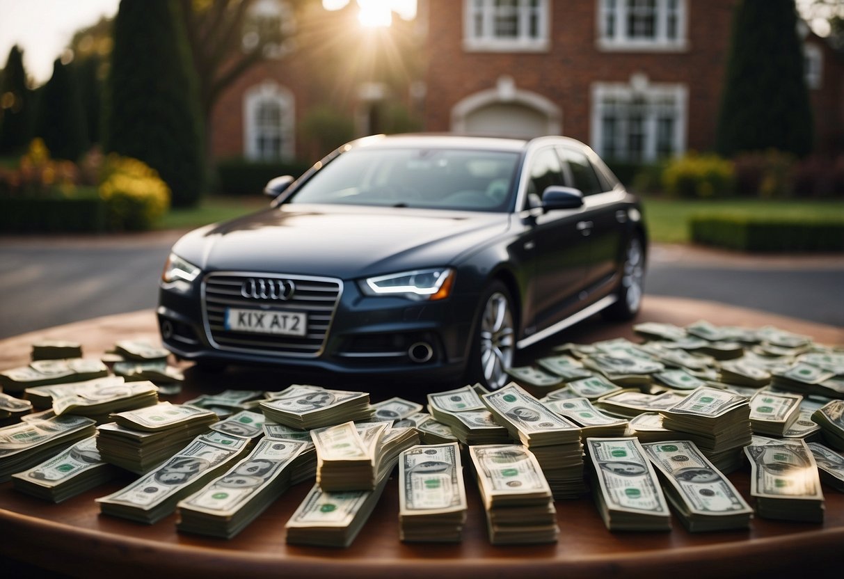 Andrew Tate's wealth source is depicted through stacks of money, luxury cars, and lavish mansions