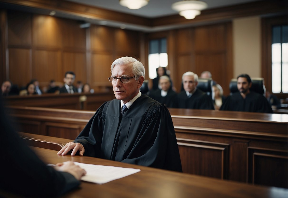 Legal proceedings unfold in a courtroom. Judges and lawyers debate while evidence is presented. The potential outcomes of the case are uncertain