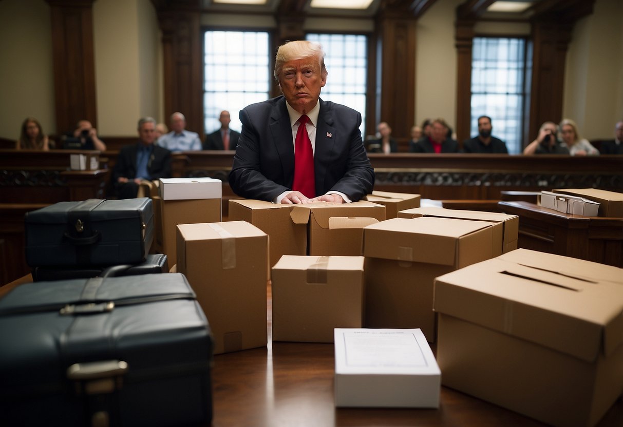 Donald Trump's belongings being packed into boxes, a somber courtroom, and a judge delivering a guilty verdict