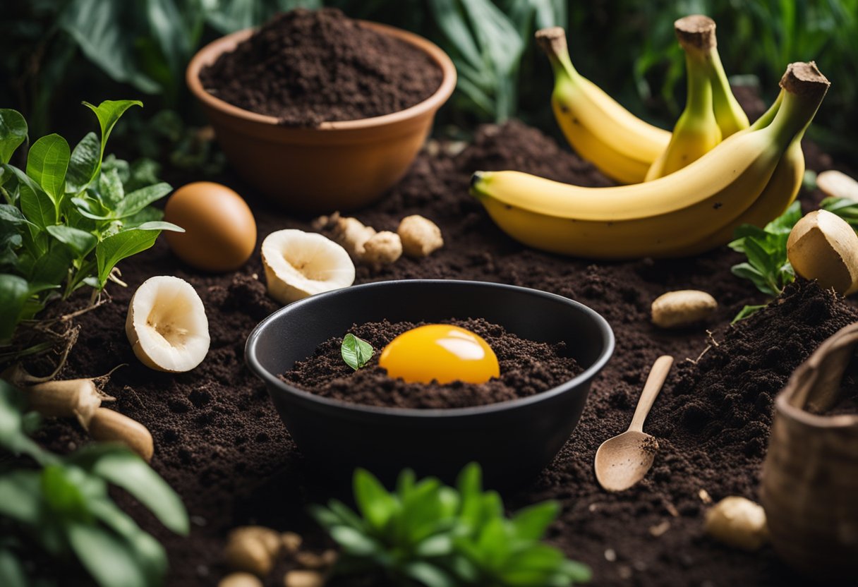 Plants surrounded by natural materials like compost, eggshells, and banana peels, with a mixing bowl and shovel nearby