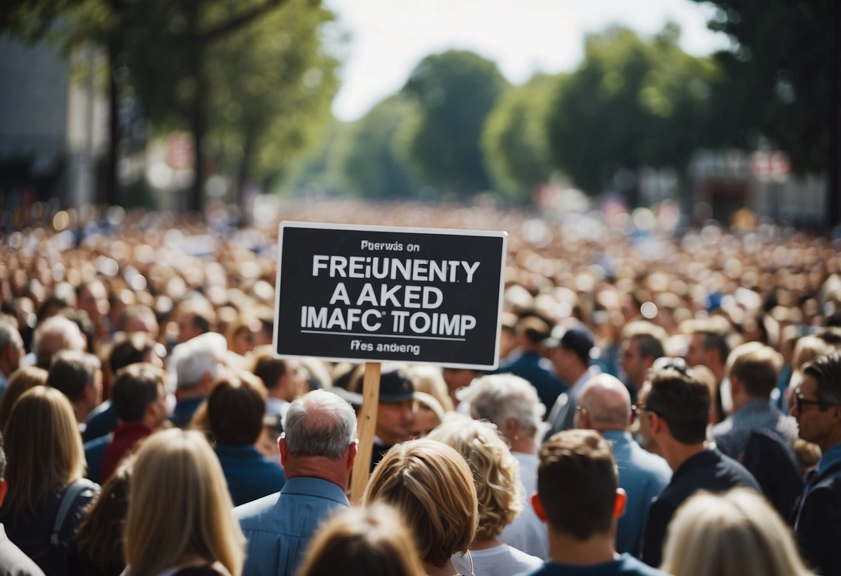 A sign reading "Frequently Asked Questions: What will happen to Donald Trump?" with a crowd of people gathered around, pointing and discussing