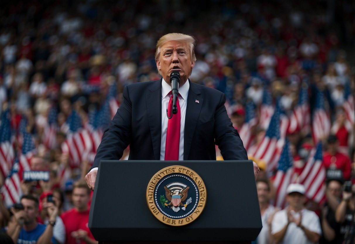 Donald Trump delivers a speech at a crowded rally, surrounded by supporters and waving flags. He stands at a podium with a presidential seal, while media cameras capture the moment