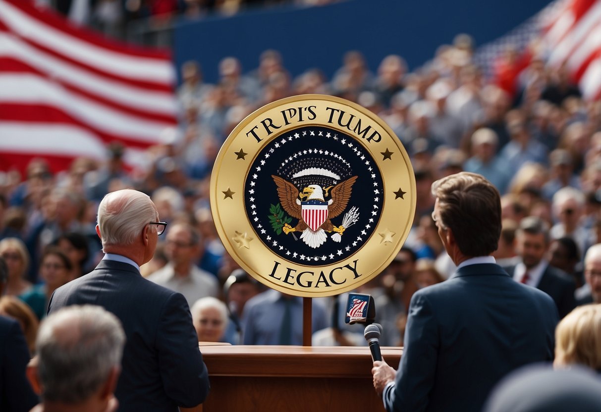 A podium with a presidential seal, surrounded by a crowd of supporters holding signs and flags, with a banner reading "Trump's Legacy" in the background