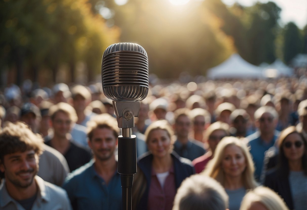 A podium with a microphone, surrounded by a crowd of people, with a banner that reads "Frequently Asked Questions: What did Donald Trump do?"