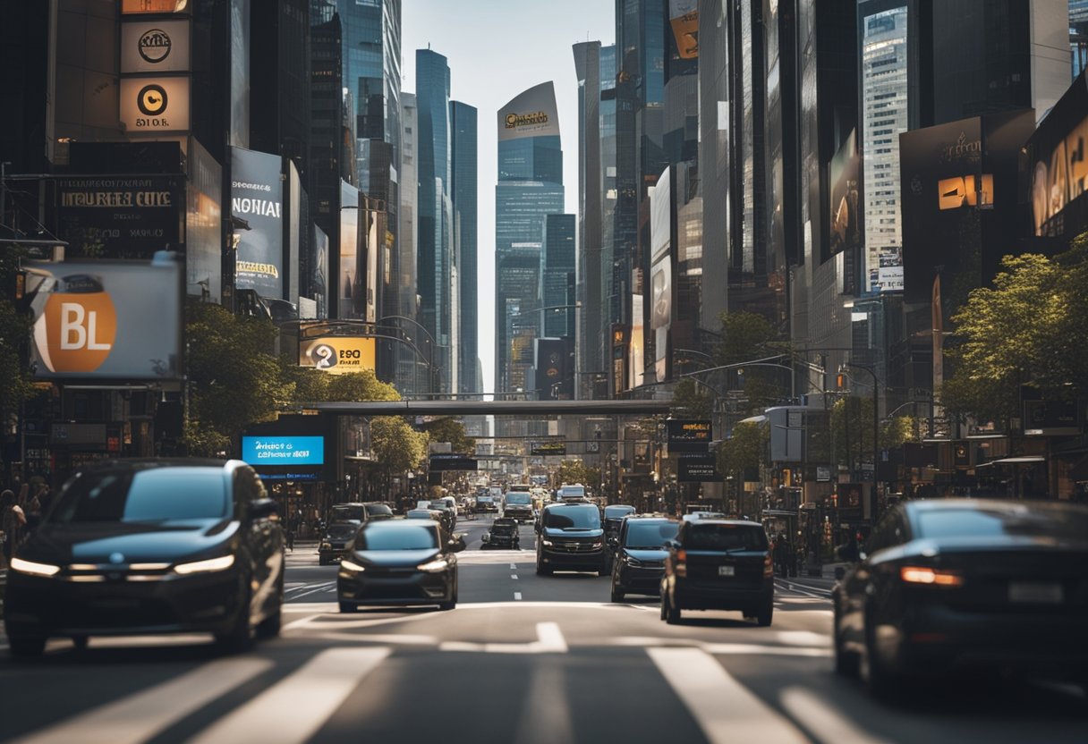 A car driving through a busy city street, with various types of insurance logos and symbols displayed on billboards and storefronts