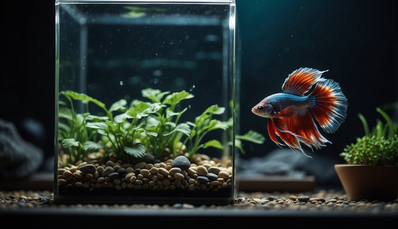 A betta fish swims in a small, clear tank with green plants. Its vibrant colors stand out against the dark gravel. No food is present