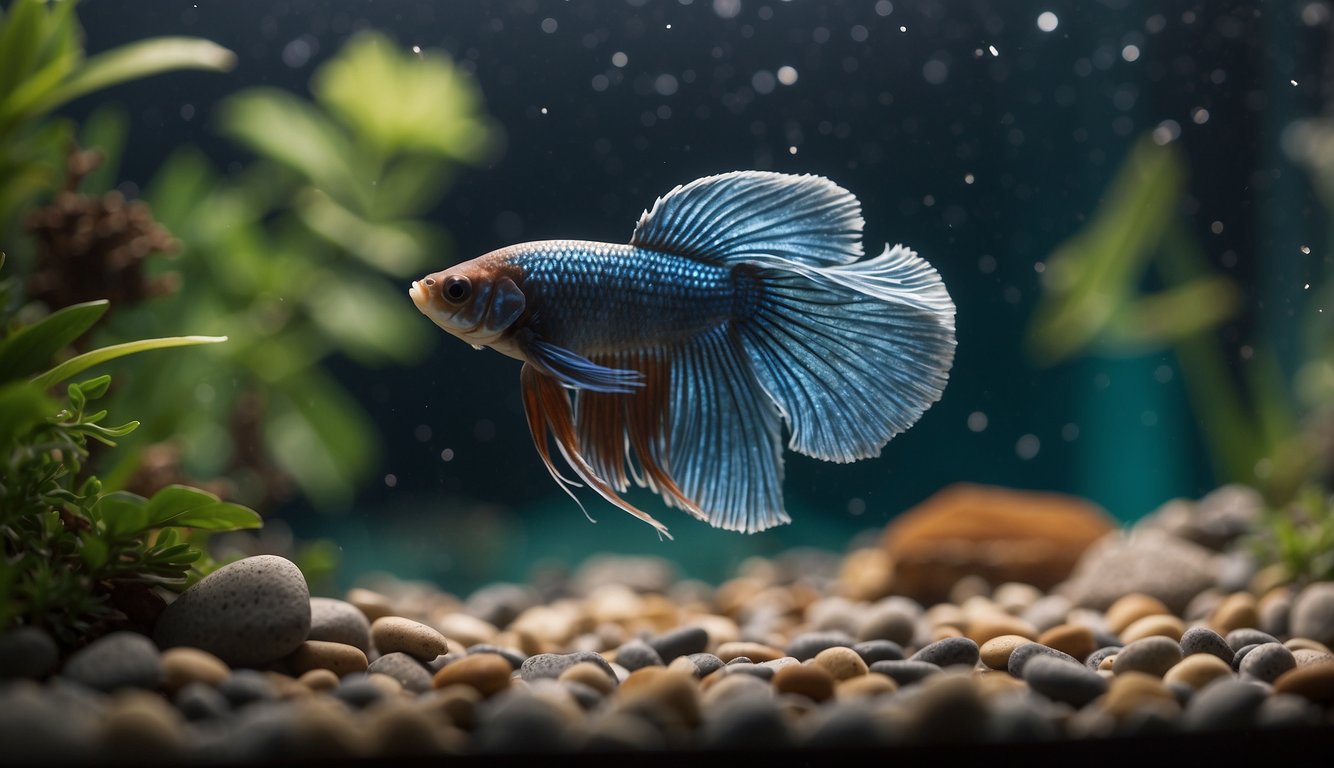 A betta fish swims in a small tank with colorful gravel and a leafy plant. A small feeding ring floats on the water's surface, with pellets scattered nearby