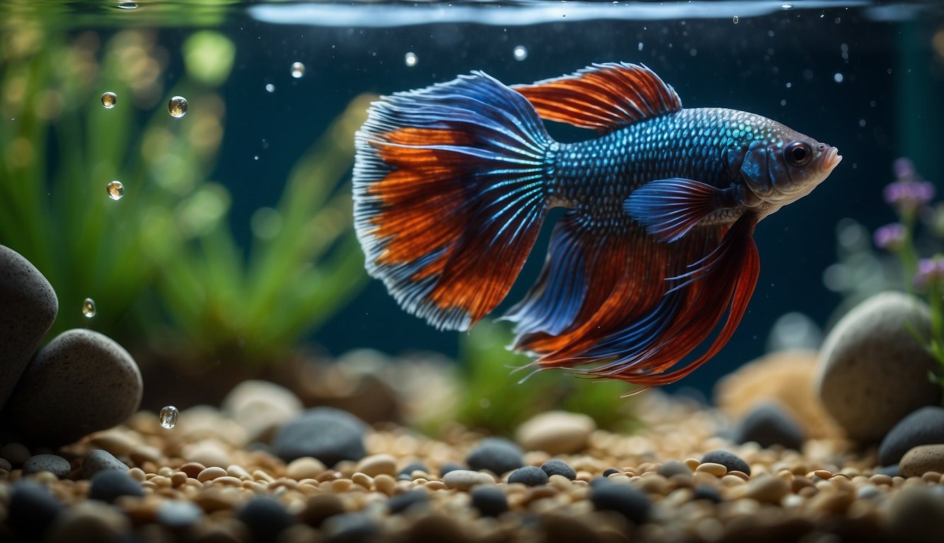 A betta fish swims lazily in a small, clear tank, surrounded by colorful gravel and a few decorative plants. The water is still and the fish appears healthy, with vibrant scales and a graceful, flowing tail