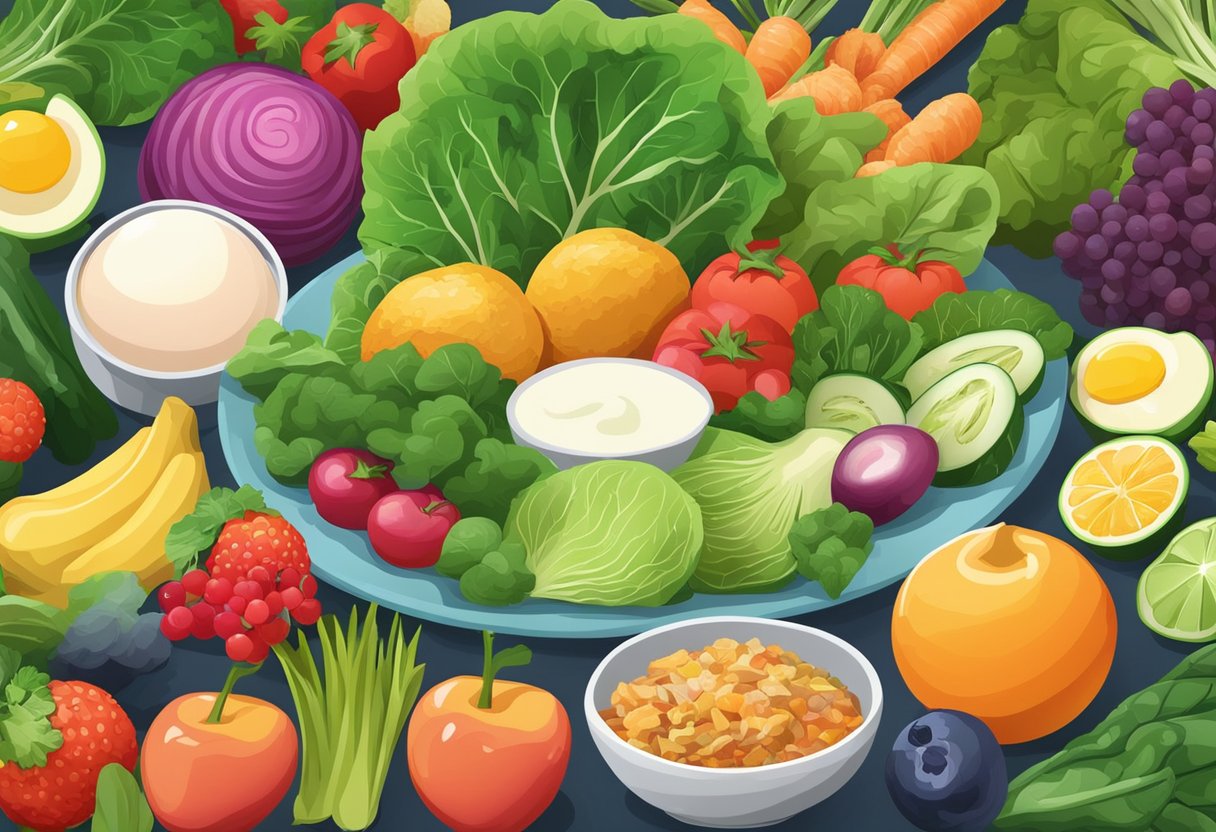 A colorful array of foods rich in glutamine, such as spinach, cabbage, chicken, and eggs, surrounded by vibrant fruits and vegetables, symbolizing a balanced and nourishing diet that boosts immunity