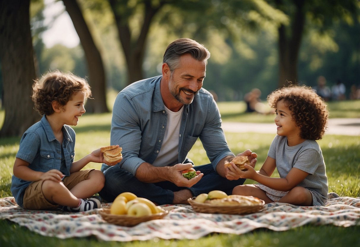 A family picnic in a park, with a father and children playing games and enjoying a meal together. A sense of love and appreciation is evident in their interactions