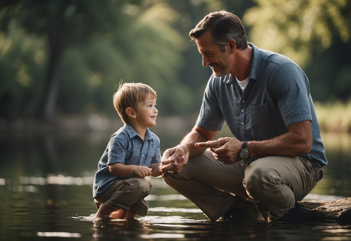 A father and child bonding over a shared activity, such as fishing or playing catch, to celebrate the significance and purpose of Father's Day