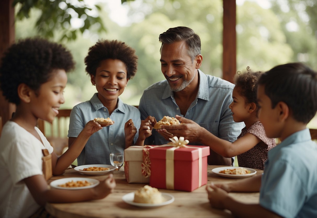 Families gather in various cultural settings, exchanging gifts and sharing meals to honor fathers on Father's Day. Symbols of appreciation and love are displayed in diverse ways