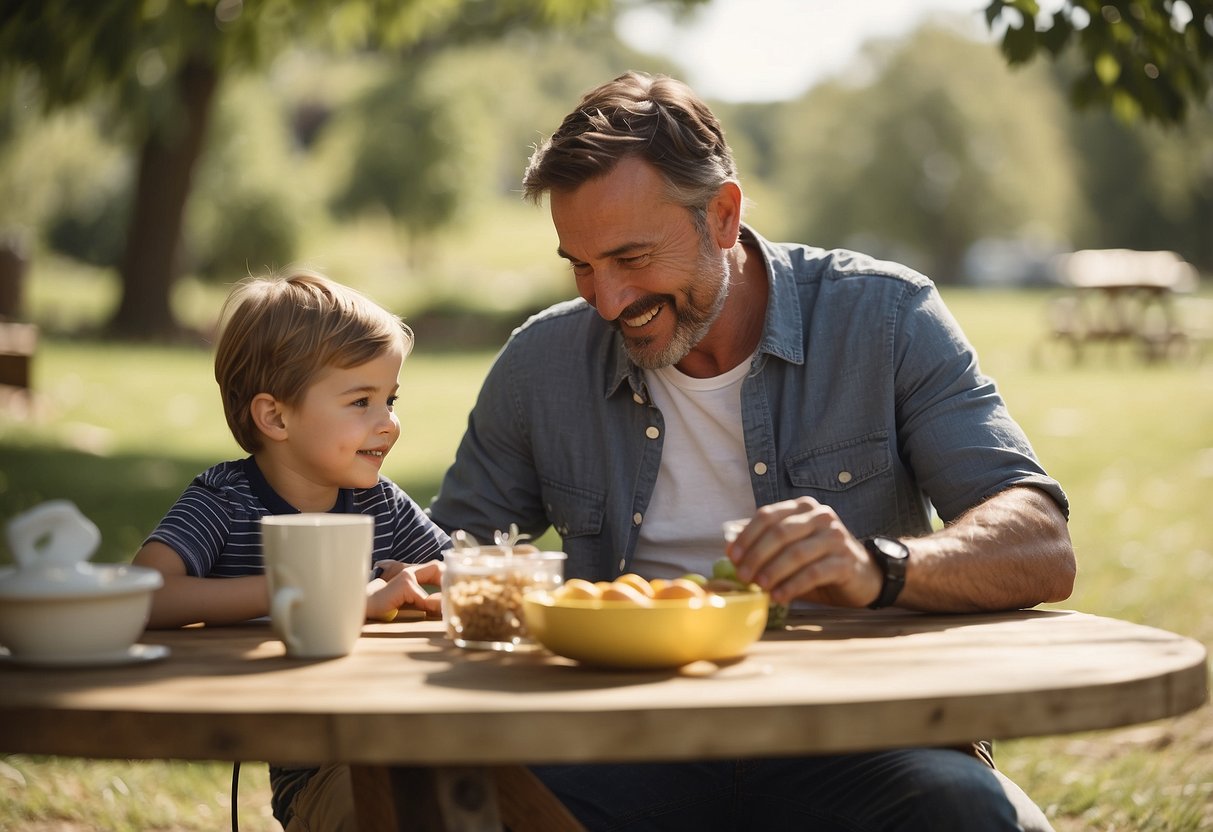 A father and child sitting at a picnic table, surrounded by gifts and a homemade card. The sun is shining, and they are enjoying a special meal together