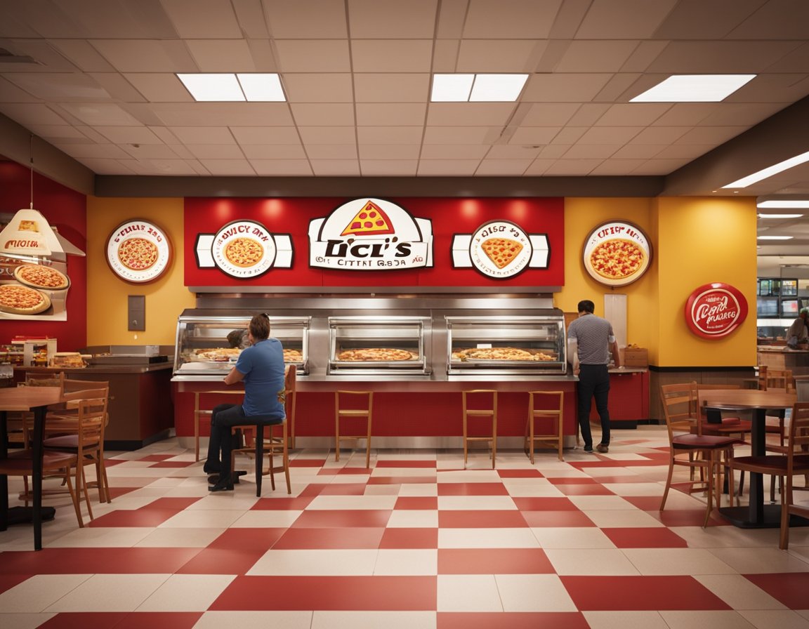 CiCi's Pizza logo on storefront, with families enjoying pizza inside. Tables with red checkered tablecloths, pizza buffet in background