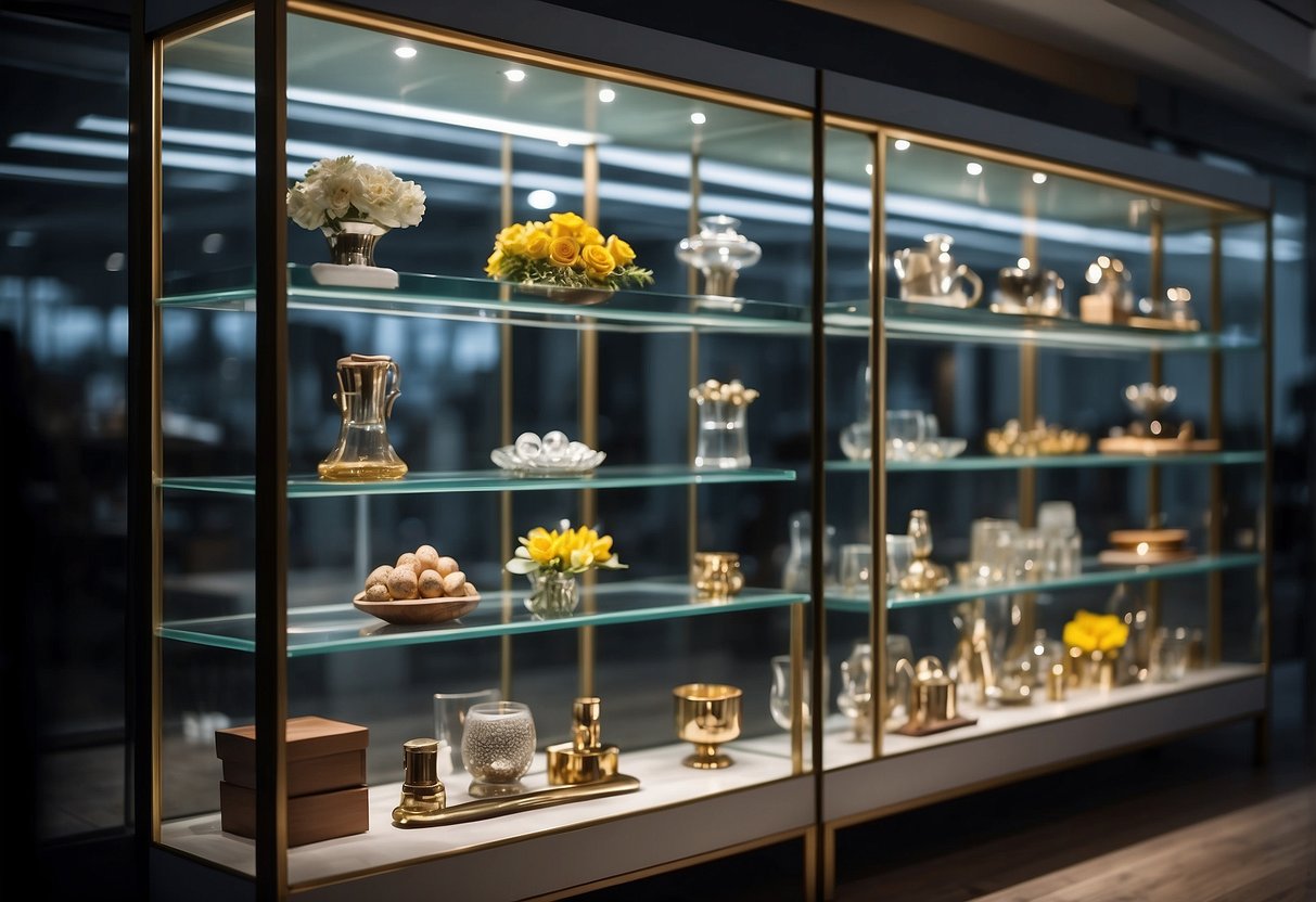 A glass showcase furniture filled with various items, reflecting light and creating a sense of elegance and sophistication