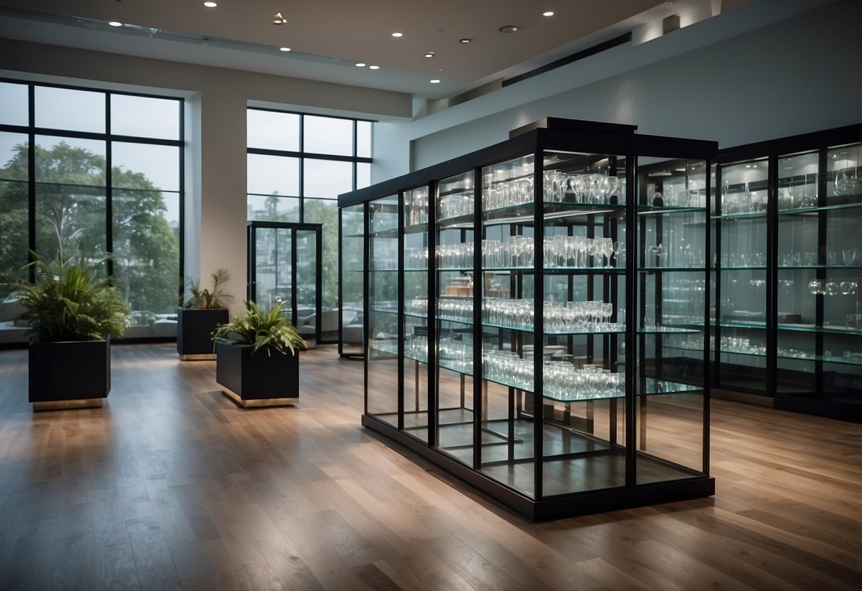 Glass showcase designs and materials displayed in a modern showroom. Shelves, lighting, and various glass types are showcased