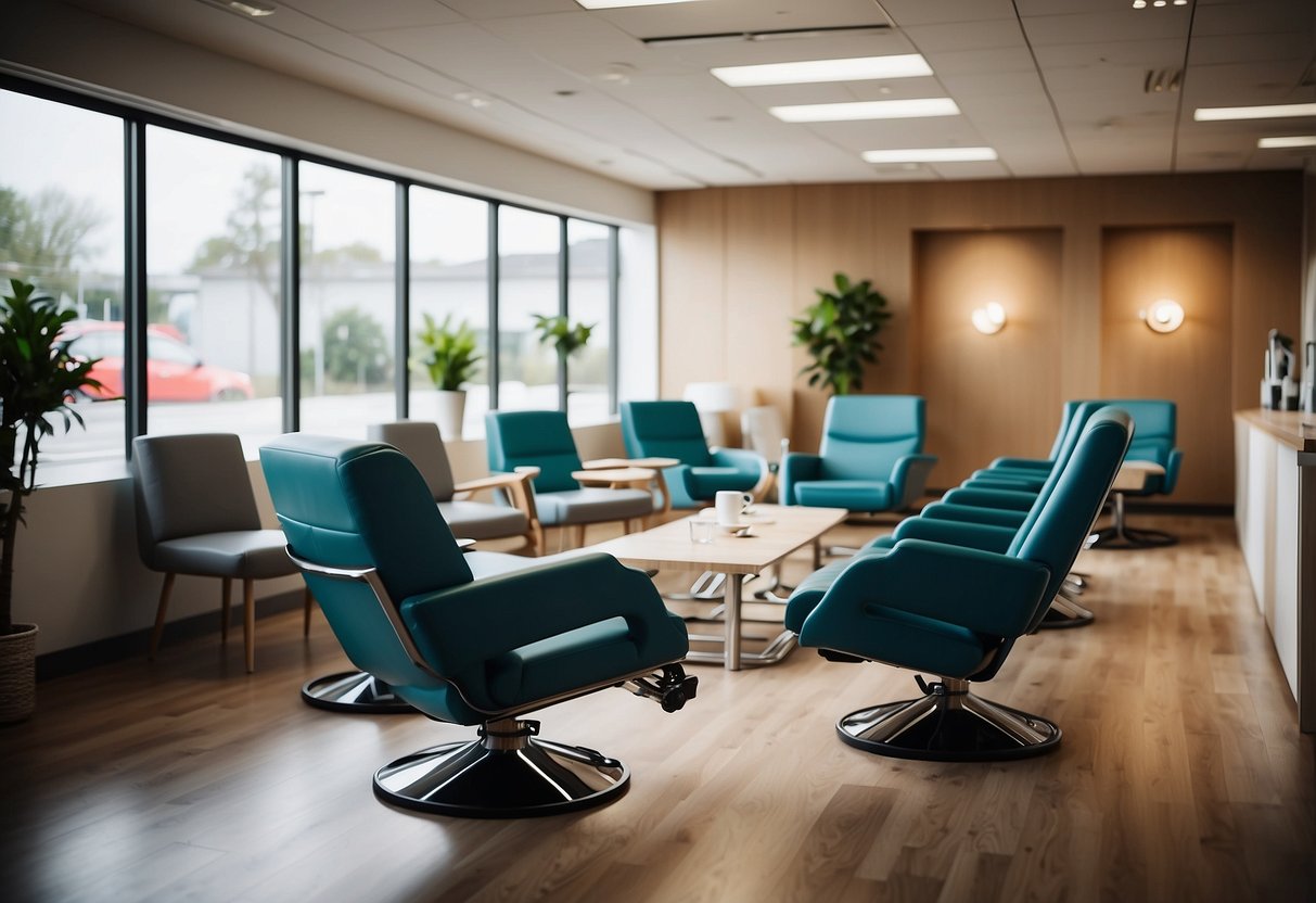 A showroom filled with modern healthcare furniture, including ergonomic chairs, adjustable examination tables, and sleek waiting room seating
