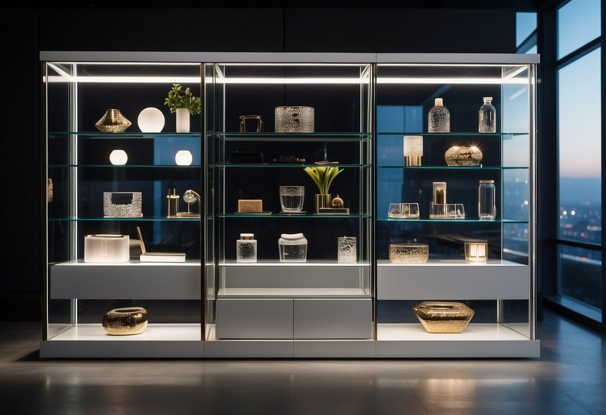 A modern glass showcase furniture with built-in lighting, displaying items with clean lines and minimalist design