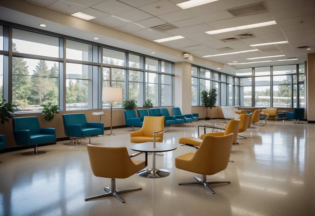 A modern healthcare waiting room with ergonomic chairs, sleek tables, and durable, easy-to-clean surfaces. Bright, welcoming colors and ample natural light