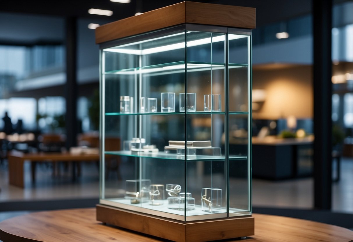 A glass showcase furniture with "Frequently Asked Questions" displayed prominently