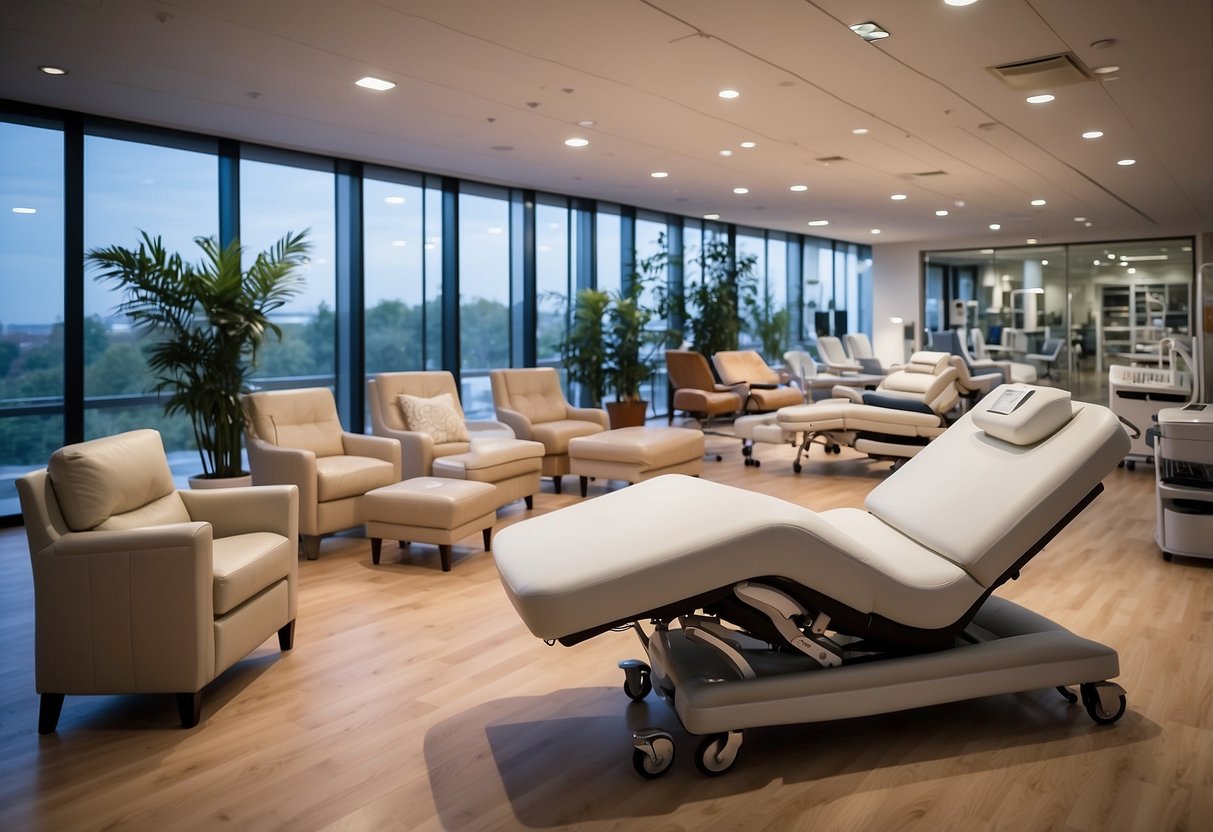 A showroom filled with modern, ergonomic healthcare furniture and equipment. Bright lighting showcases adjustable beds, specialized chairs, and medical storage units