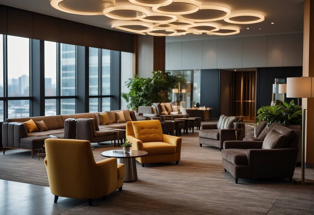 The hotel furniture is arranged neatly in the spacious lobby, with plush armchairs, sleek coffee tables, and modern floor lamps creating a cozy and inviting atmosphere