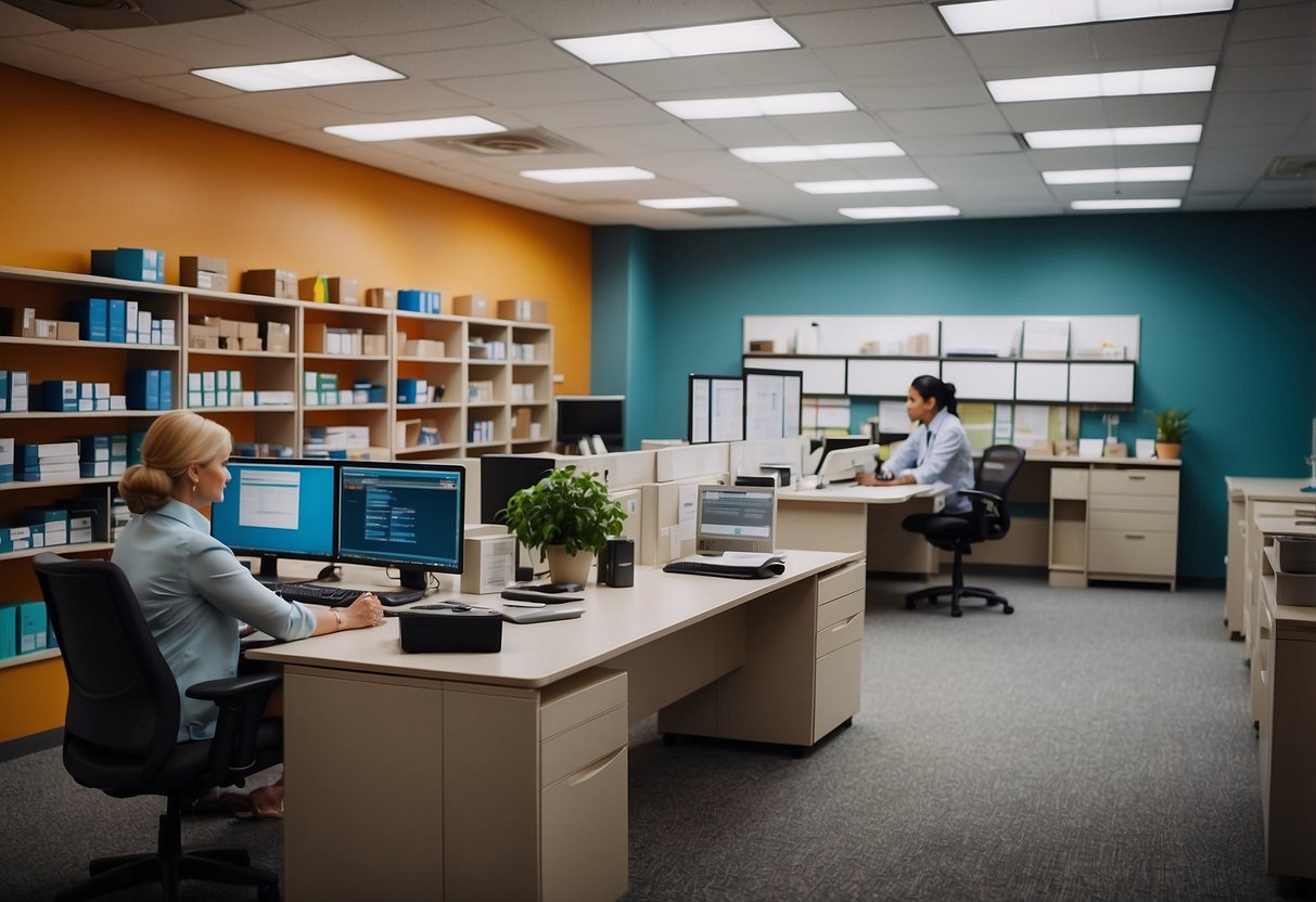 A busy office setting with people consulting a healthcare furniture supplier. Shelves stocked with medical equipment and furniture samples on display