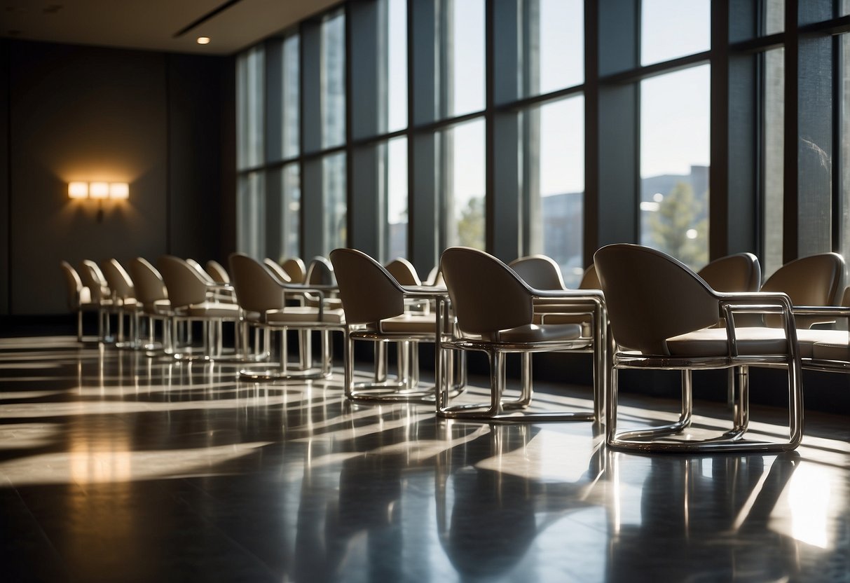 A designer arranges modern chairs and tables in a hotel lobby. Light streams in through large windows, casting shadows on the sleek, polished surfaces