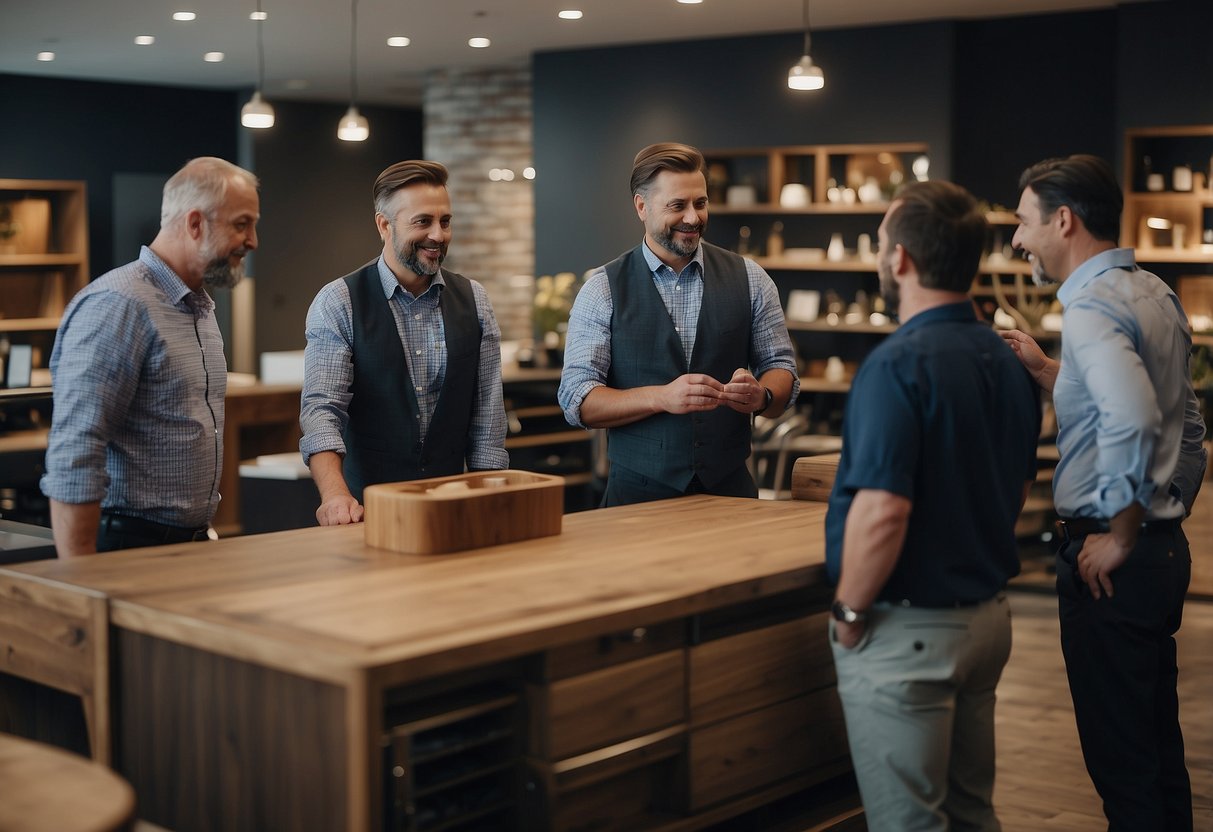 A team inspects and selects furniture for a hotel, discussing and measuring pieces in a showroom