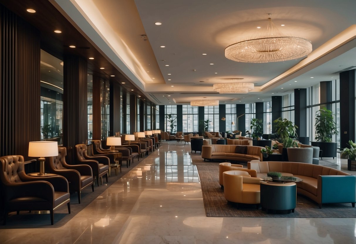 A hotel lobby with modern furniture, including sleek chairs and tables, arranged for easy navigation and comfort