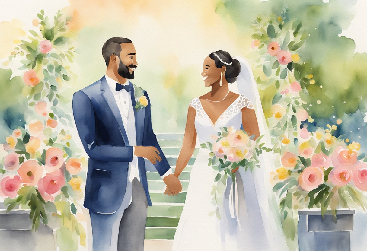 A couple stands at a beautifully decorated podium, surrounded by friends and family. They hold hands and smile as they deliver heartfelt speeches, expressing their love and gratitude on their wedding anniversary