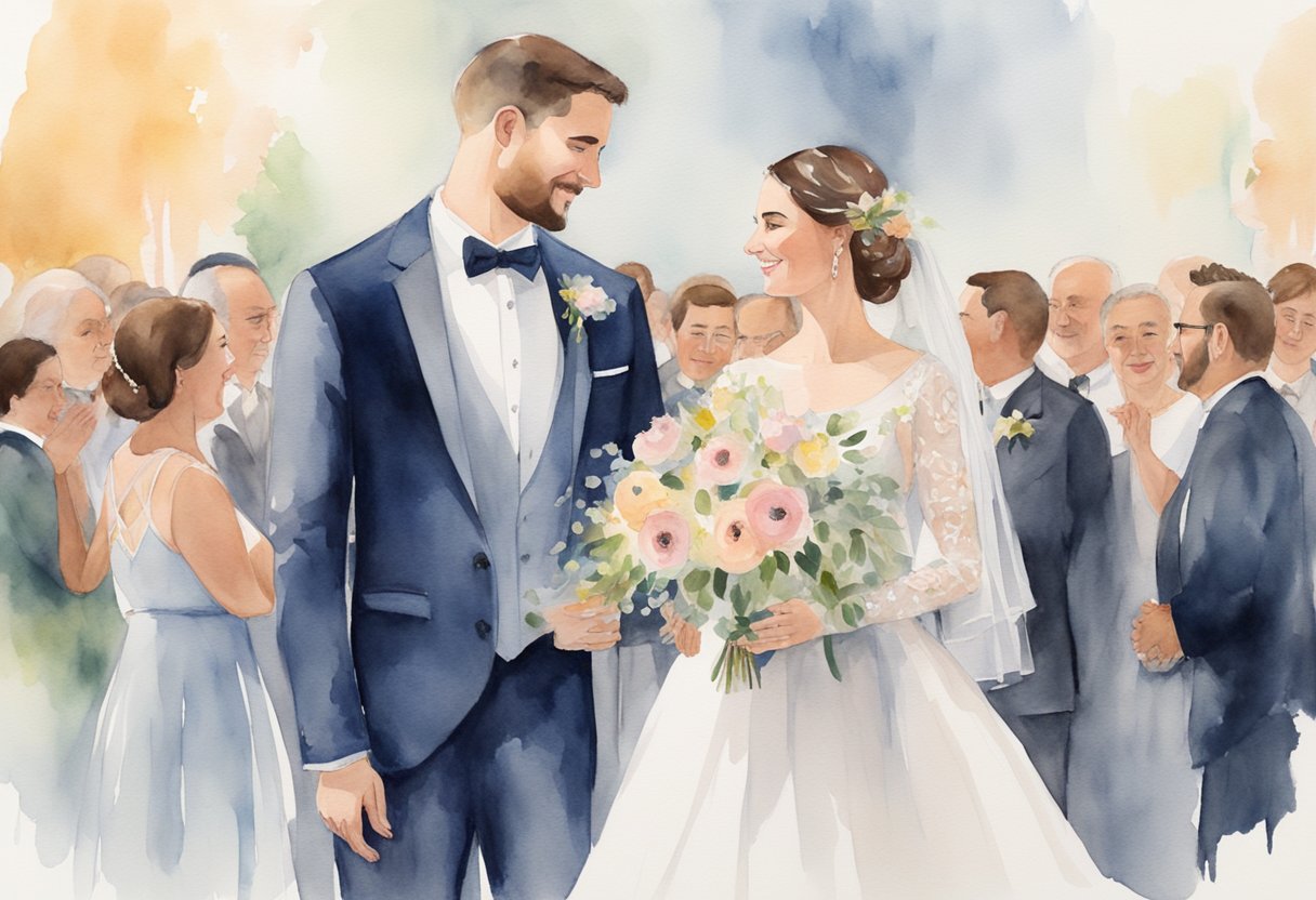 A couple stands in front of a crowd, holding hands. They are surrounded by love and warmth as they deliver heartfelt wedding anniversary speeches