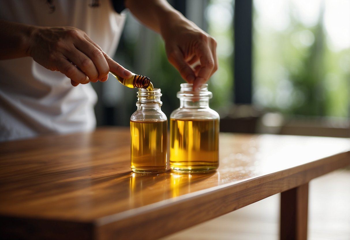 A person applies teak oil to a clean, dry teak indoor table using a soft cloth, rubbing it in the direction of the wood grain