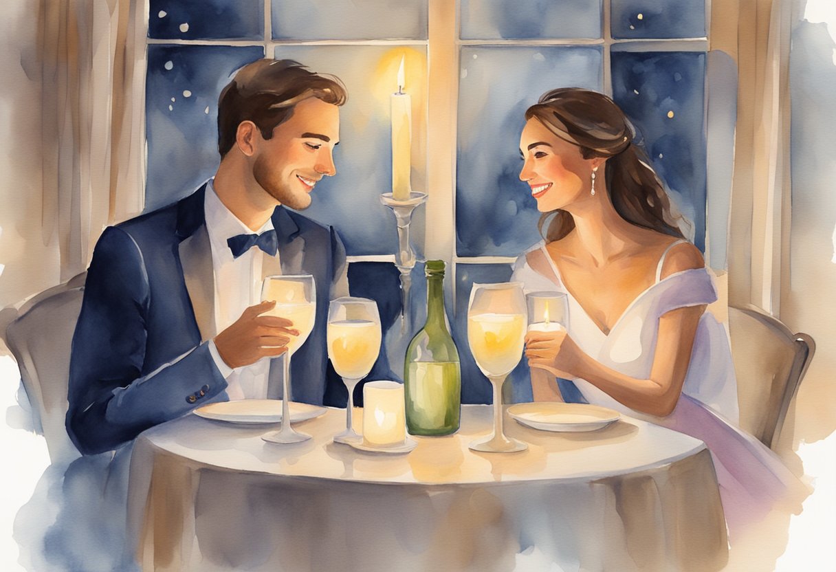 A couple sits at a candlelit table, toasting their anniversary. A speech sits in front of them, personalized and heartfelt