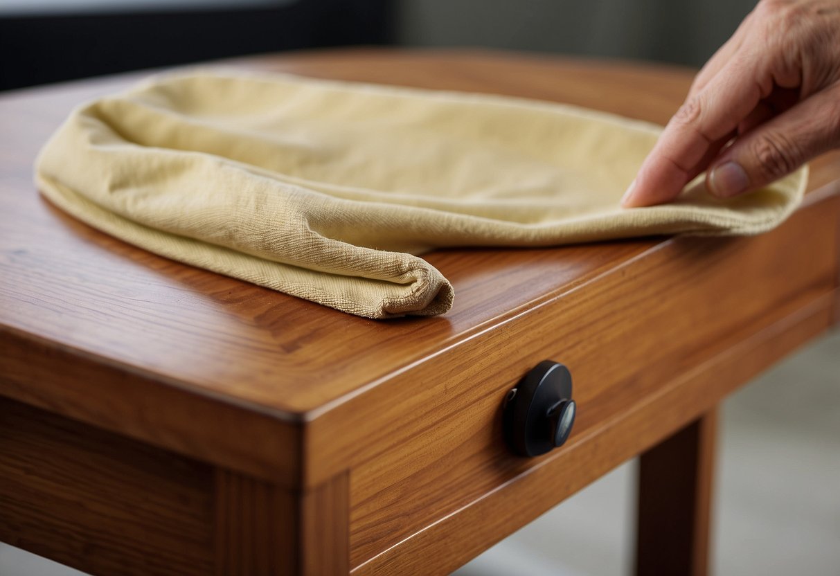 A teak indoor furniture piece is being gently wiped with a soft cloth and treated with teak oil to maintain its natural luster and protect it from moisture and wear